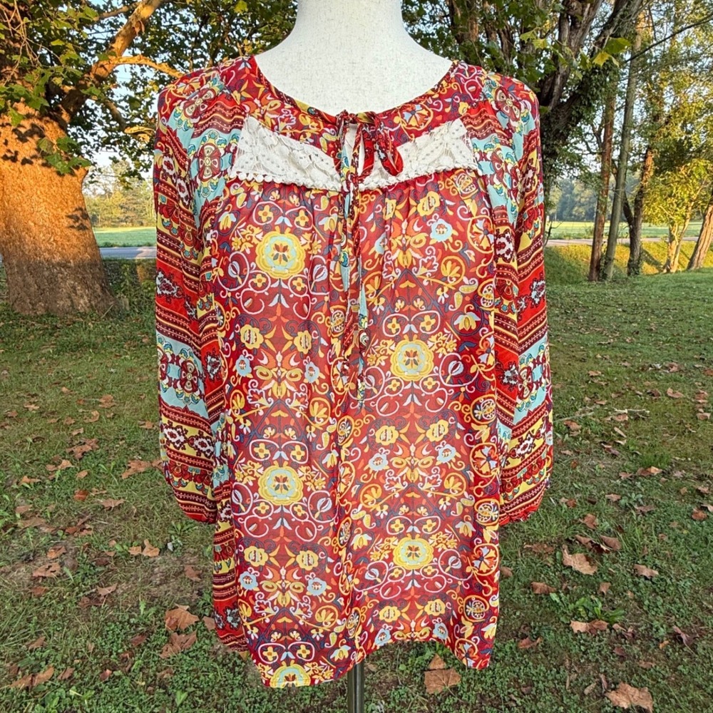 Figueroa & Flower Red Paisley Lace Yoke Boho Blouse M Boho Cottagecore Peasant